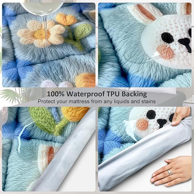 Waterproof Mattress Protector Full, Fitted Sheet Style Breathable Mattress Cover with Deep Pocket Fits Up to 18'', Noiseless Bed Cover for Kids Adults Pets, Machine Washable (Squares, Full)