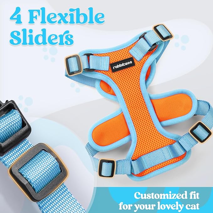 rabbitgoo Cat Harness and Leash Set, Escape Proof Soft Adjustable Vest Harnesses for Outdoor Walking, Easy Control Breathable Kitten Jacket with Reflective Strips, Orange & Light Blue, XXS