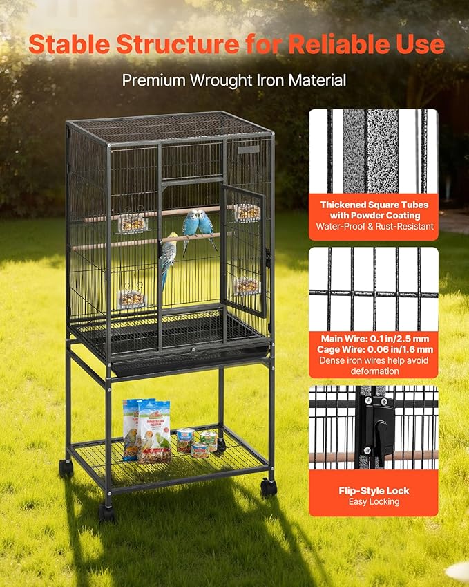 VEVOR Bird Cage, 24.6 x 16.7 x 53.9 inch, Flat Top, Wrought Iron Bird Flight Cage with Perches, Slide-Out Tray and Plastic Feeders, Casters, for Parrot, Blue Tit, Cockatiel, Canary, Budgerigar, Conure