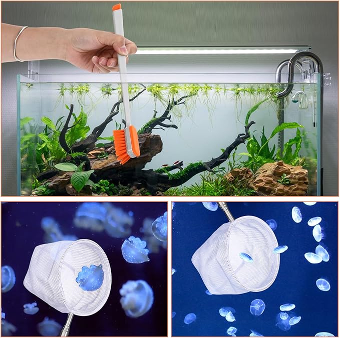 2 Pcs Small Fish Tank Cleaner Brush with Fishing Net Algae Scraper Fish Tank Brush Scrubber Sponge Tool Long Handle for Cleaning Glass Acrylic Aquariums Home Kitchen