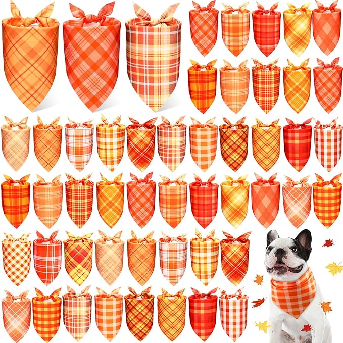 Abbylike 50 Pcs Orange Plaid Dog Bandanas Bulk Check Pattern Bandanas for Dogs Triangle Kerchief Bib Scarf Set for Pet Party Costume Photo Props Accessories Pet Shops, 25 Styles(31.5 x 21.7 x 21.7)