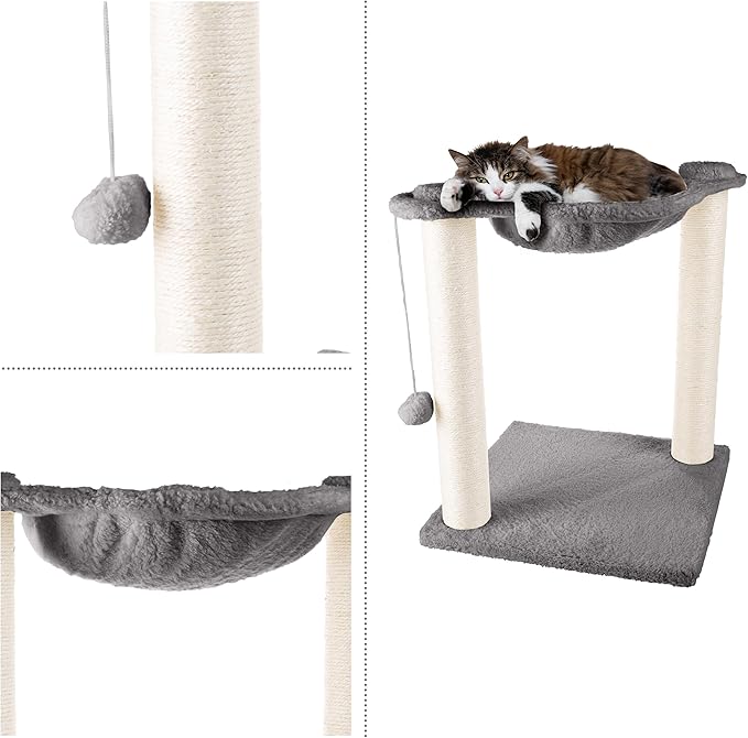 Cat Hammock with Scratching Posts for Indoor Cats - 19-Inch-Tall Cat Tree with Hanging Ball Toy for Adult Cats and Kittens by PETMAKER (Gray)