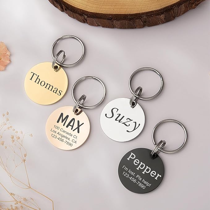 Anavia Personalized Pet ID Tags, Stainless Steel Glossy Laser Engraved Dog Cat Collar Name Tags, Multiple Colors Shapes Sizes (Round, Regular)