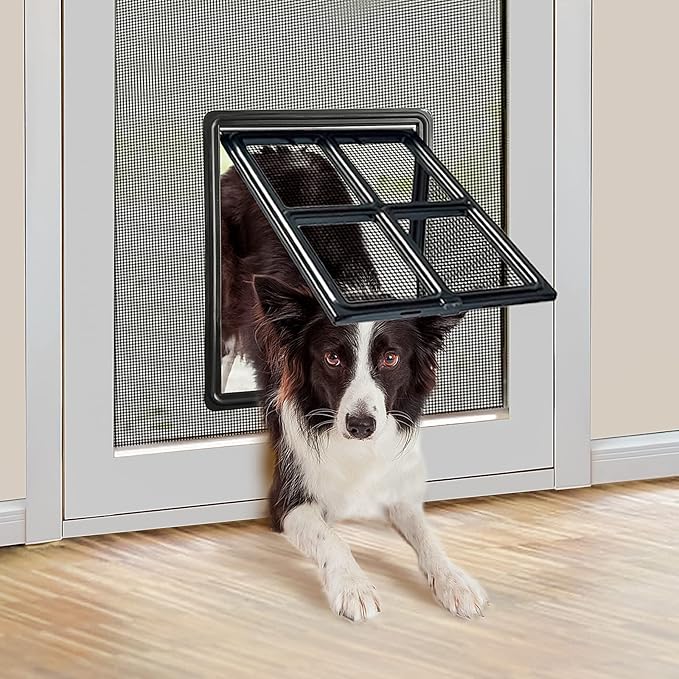 NAMSAN Dog Screen Door, Passage Size 12 x 16 inches, Dog Door for Screen Door, Large Pet Door for Sliding Door, Magnetic Automatic Closing, Self-Assembly, Lockable, Black