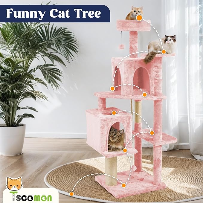 58.5inch Large Cat Tree Tower Condo for Indoor Cats, Soft Plush Multi-Level Climbing Tree Cat House with 1 360° Rotating Cat Cave, Scratching Post, More Entrance/Exit, Sisal Rope, Pink
