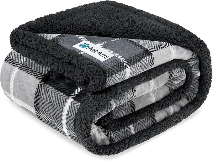 PetAmi Waterproof Dog Blanket for Medium Large Dog Puppy Cat Throw for Couch Cover Leakproof Protection, Sherpa Fleece, Reversible Soft Washable 60x40 Plaid Charcoal Gray