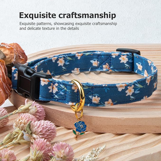 Cotton Handmade Dog Collar Cute and Distinctive Patterns Blue Tulip with Pendant for Girl Boy Dogs Collars M