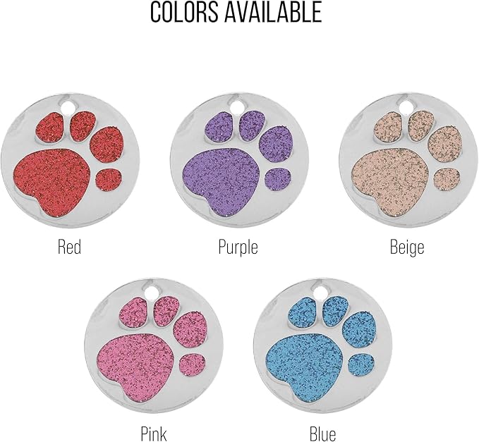 Paw Shape Dog ID Tag Stainless Steel Custom Laser Engraved, Cute Bling Glitter Pet Name Tags Personalized with Durable Engraving (Silver Round Paw)