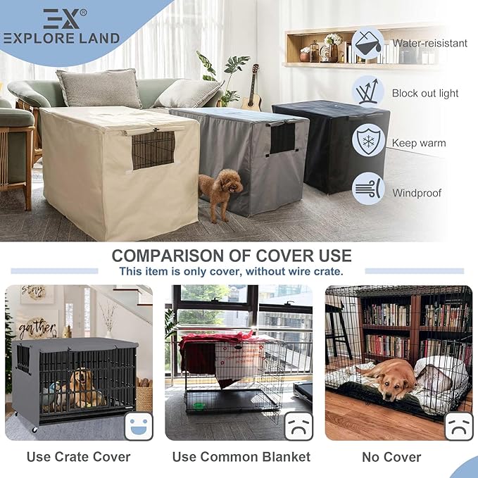 Explore Land Dog Crate Cover Heavy Duty Polyester Pet Kennel Sunshade Universal Fit for 42 inches Wire Cage (Grey)