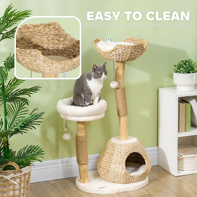PawHut Cat Tree for Indoor Cats, 41" Wooden Kitten Tower with 2 Real Branch Scratching Posts, Luxury Condo, Beds & Toby Balls, Kitten Activity Center & Cat Furniture, Cream White