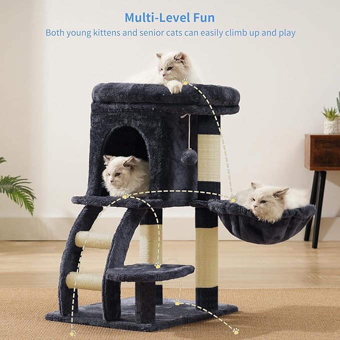 Heybly Cat Tree Tower, Cat condo for Indoor Kittens, Cat House with Wide Plush Top Perch, Ladder, Basket, Sisal-Covered Scratching Posts, Cozy Activity Center for pet, Smoky Gray HCT009SG