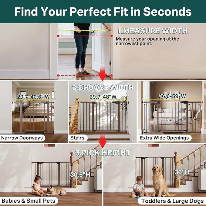 Cumbor 29.7-48" Baby Gate for Stairs, Mom's Choice Awards Winner-Dog Gate for Doorways, Auto Close Safety Pet Gate for Dogs Indoor, Easy Install Pressure Mounted Child Gate with Walk Thru Door, Brown