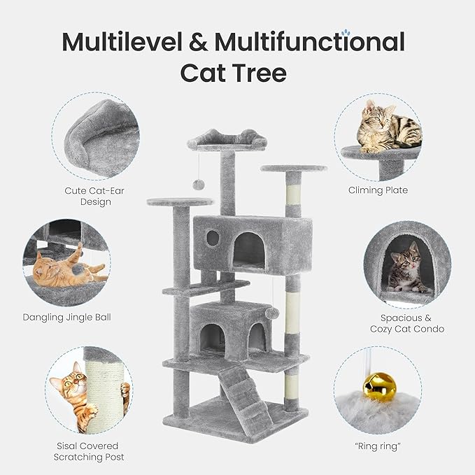 54 Inches Cat Tree Tower for Indoor Cats, Cat Tree Tower Condo with Scratching Post for Cats House Play, Multi-Level Furniture Activity Center for Pet, Sisal Rope, Light Gray