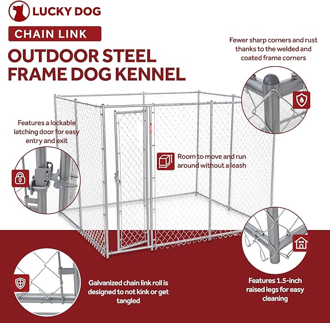 Lucky Dog 10' x 10' x 6' Heavy Duty Outdoor Welded Galvanized Steel Chain Link Dog Kennel Enclosure with 2 Configurations and Latching Door, Silver