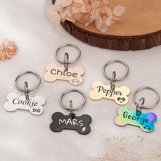 Anavia Small Size Dog Cat ID Tags, Small/XS Personalized Color Plated Stainless Steel Puppy Kitten Name Tags, Customized Engraved Nameplate Pet Collar Tag (Silver, Bone)