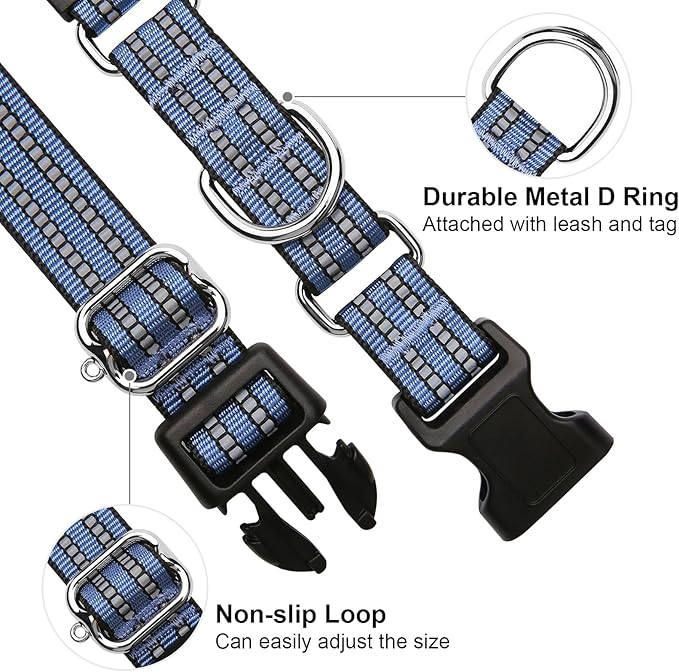 Martingale Dog Collar, Adjustable Nylon Reflective Collar with Quick Release Buckle (Grey Blue, Medium)