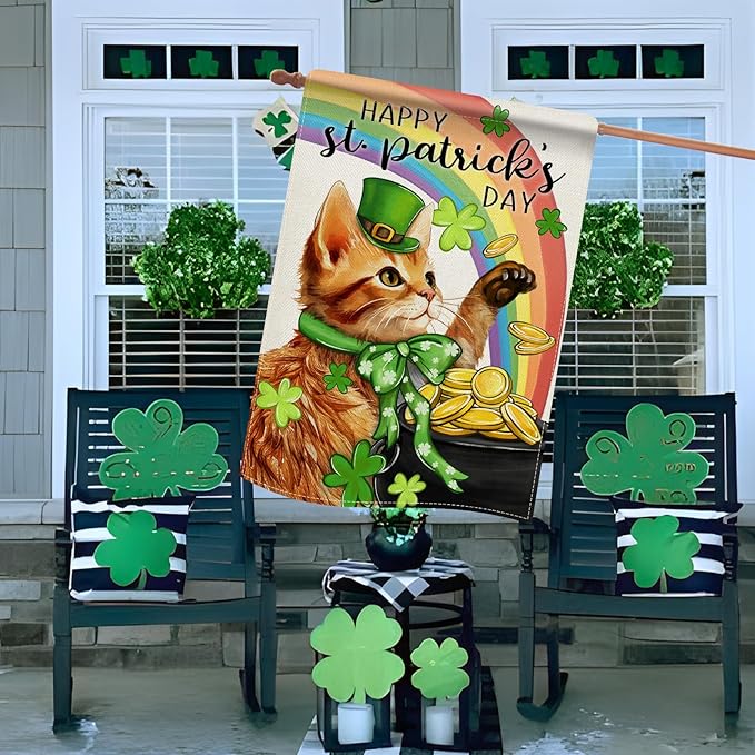 Dyrenson Happy St Patricks Day Orange Cat 28 x 40 House Flag Double Sided, Pet Rainbow Pot of Gold Garden Yard Decoration, Spring Irish Shamrock Clover Burlap Outdoor Decor Decorative Large Flag