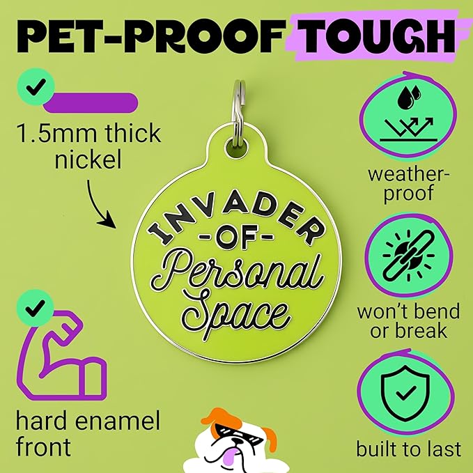Bad Tags Personalized Dog and Cat ID Tags in 25+ Designs and 2 Sizes - 5 Lines of Custom Engraved Text - Funny Cute Personalized Pet Tags (Invader of Personal Space - Green, Small (1 inch))