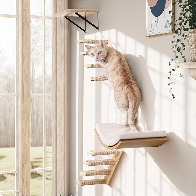 Cat Climbing Stair Shelf, Wall Mounted Ladder 2PCS 4 Steps Reversible Left & Right Direction, for Cats up to 15 Pounds, Cat Stairway with Jute Scratching Ladder Shelves for Kitten Perch Sleeping