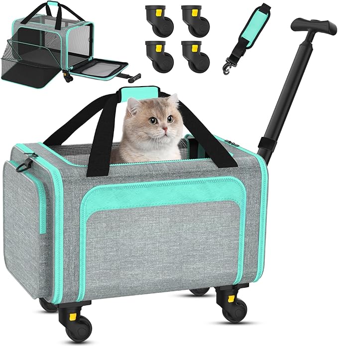 Rolling Pet Carrier with Detachable Wheels - 18x11x11 TSA Airline Approved for Southwest Delta United American, Soft Sided Expandable Travel Bag for Small Dogs & Cats up to 15Lbs, Fits Under Seat