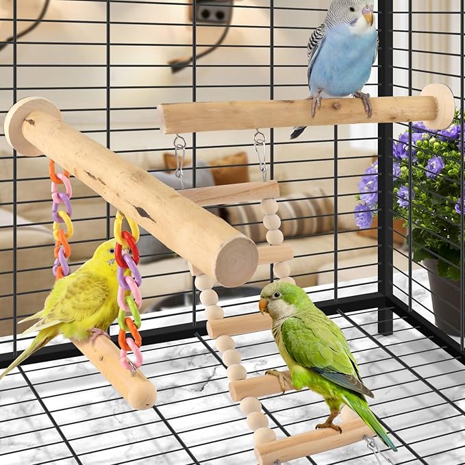 Bird Perches Ladder with Swing, Natural Wood Parrot Climbing Bridge Perch Toys, Exercise Play Stand Parakeet Cage Accessories for Budgie Cockatiel Green-Cheeked Conure Caique
