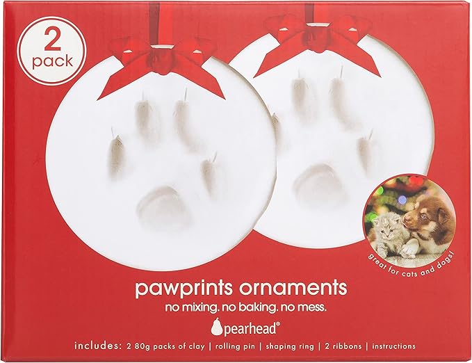 Pearhead Pawprints 2-Pack Christmas Ornament, DIY No Mess Pet Paw Print Holiday Clay Keepsake Kit, Dog or Cat Stocking Stuffer Gift