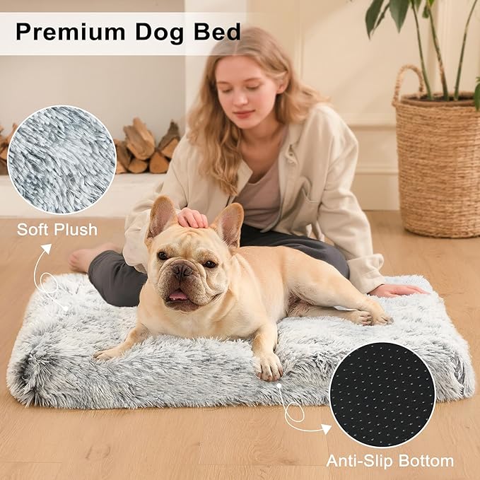 Fluffy Orthopedic Dog Beds for Puppy/Cats with Washable Removable Cover Dog Crate Bed Egg Crate Foam Support Plush Pet Pad Mat with Anti-Slip Bottom(Grey,24 * 16)