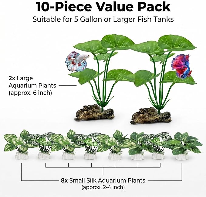 10-Pack Betta Fish Tank Decorations Silk Aquarium Plants for Aquarium Decor, Realistic Fish Tank Plants - Goldfish Tank, Reptile, Turtle Decorations Plants