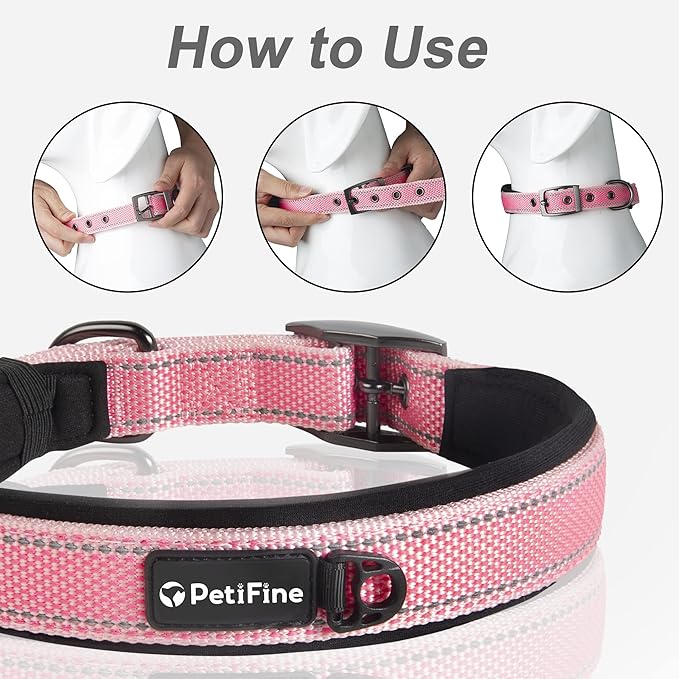 PetiFine Dog Collar for Large Dogs, Neoprene Padded and Adjustable, Reflective Wide Heavy Duty Pet Collars with Durable Metal Belt Buckle for Walking, Pink, L