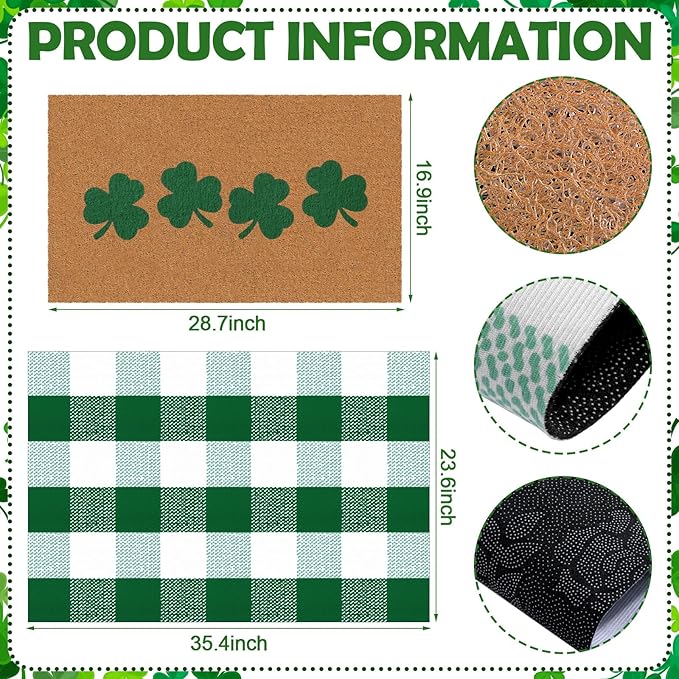 Tinideya 2 Pcs St. Patrick's Day Door Mat Shamrock Welcome Non Slip Green and White Coir Mats Floor Layering Doormats Seasonal for Front Porch Entryway Decor(Green White, St. Patrick's Day)