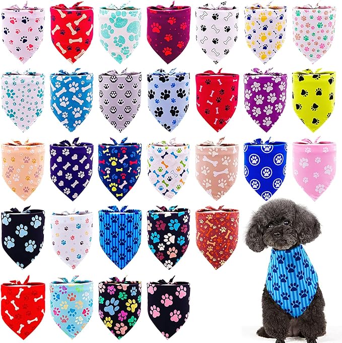 30 Pcs Paw Print Dog Bandanas for Small Dogs Stitch Dog Bandanas Bulk Polyester Bandana Party Grooming S