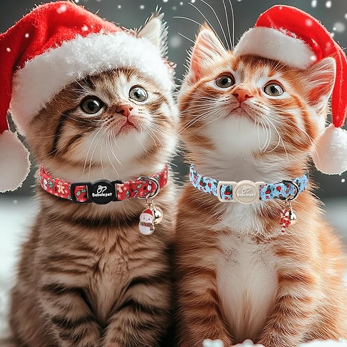 2 Pack Christmas Cat Collars - Breakaway Cat Collar with Bell, Candy Cane and Snowman Pendant, Winter Adjustable Kitten Collars for Girl Boy Cats, Blue&Red
