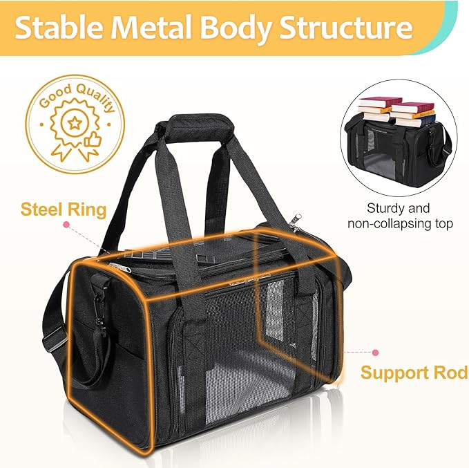 Discala Cat Dog Carrier Up to 15 Lbs TSA Airline Approved Pet Carrier for Small Medium Cats Puppies Dog Carriers for Small Dogs Collapsible Soft Sided Cat Travel Carrier - Black 15.7"x10.2"x10.2"