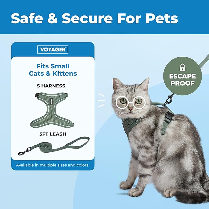 Voyager Escape-Proof Step-in Lock Cat Harness & 5ft Neoprene-Handle Leash Set All-Weather Mesh with Reflective Stitching for Small to Large Cats by Best Pet Supplies, Moss Green (327), S