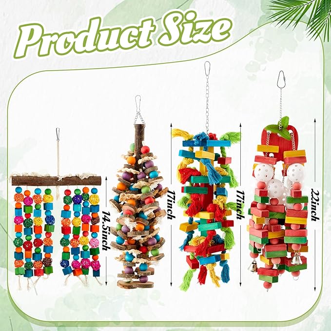 4 Pcs Extra Large Bird Parrot Toy Multicolored Natural Wooden Parrot Cage Chewing Toys for Large Medium Macaws Cockatoos African Grey Birds (Block and Ball)