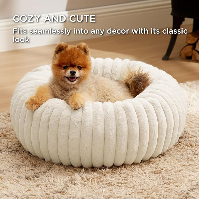 Bedsure ComfyFleece™ Donut Small Dog Bed - Dog Beds for Small Dogs with Corduroy Fleece & Anti Slip Bottom, Round Faux Fur Pet Beds with Washable Removable Cover, Cream, 23x23x7 inches