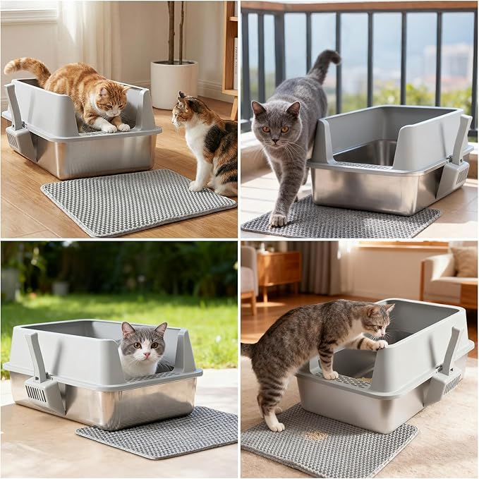 2 Pack Stainless Steel Litter Box,XL Metal Cat Litter Box with Lid High Sides,Extra Large Litter Box for Big Cats,Odor-Resistant, Scratch-Proof, Easy to Clean,Scoop &Mat Included