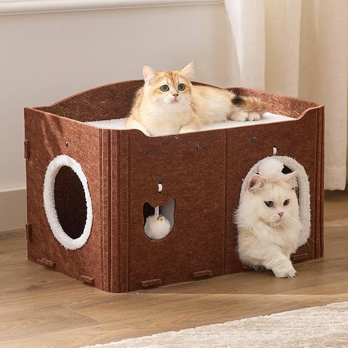 Joydeco Cat House for Indoor Cats, Extra Wide Scratch Resistant Felt Cat Condo, Hideaway Pet Cave Bed with Fluffy Ball and Tunnel for Kitten, Small Dogs, Rabbits, 22.4 x 13.7 x 14.9, Coffee