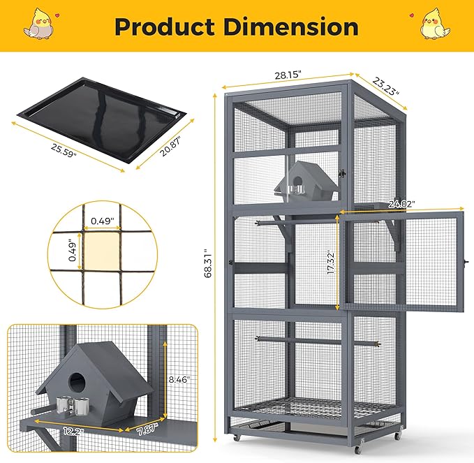 Coziwow 68" H Large Wood Bird Cage on Wheels, Outdoor Bird Aviary Indoor Wooden Large Bird Cage Parakeet Cage with Pull Out Tray and Feeder,Ideal for Small Birds,Finches,Parrots, Gray