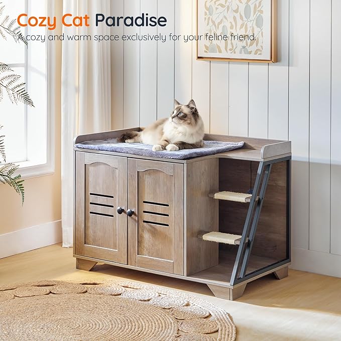 HOOBRO Cat Litter Box Enclosure with Ladder, Hidden Litter Box Furniture with Rechargeable 3-Color LED, Plush, Teaser Balls, 31.5" L x 18.9" W x 22.4" H, All-in-One, Black and Greige BG48MW01G1