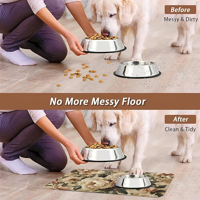 Roses Peonies Pet Feeding Mat,Vintage Luxury Shabby Chic Flower Absorbent Quick-Dry Cat Dog Food and Water Bowl Mats,Non-Slip Rubber Backing Mat,Cat Dog Accessories Supplies 12"x20"