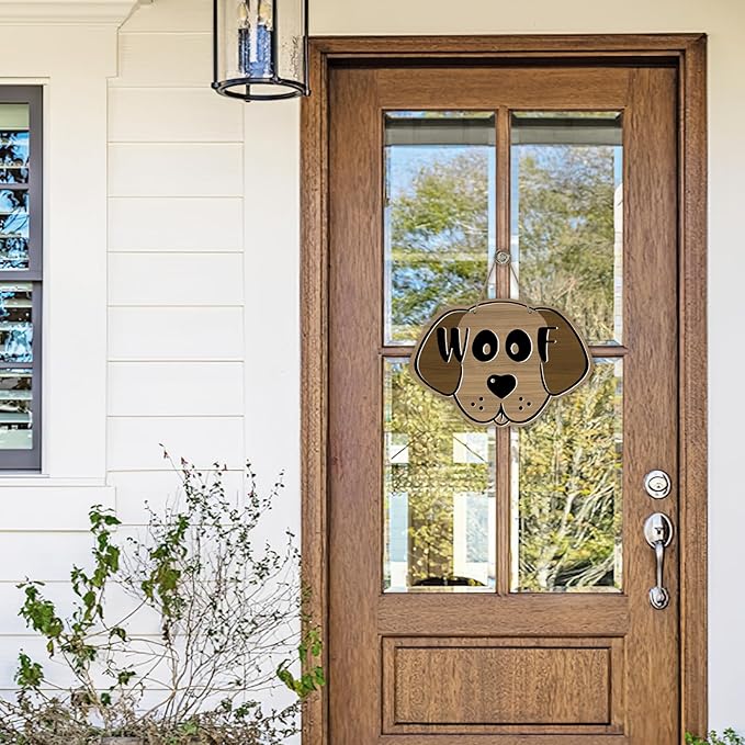 Cute Dog Front Door Sign, Farmhouse Wood Door Hanger Outdoor Outside Porch Decor Pet Lover Owner Gift, Rustic Wooden Wreath Indoor Wall Hanging Decoration