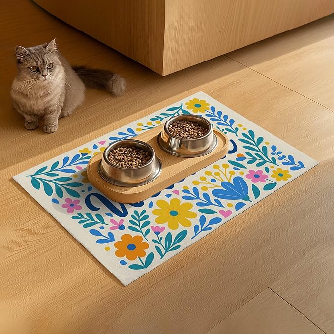 Daisy Flower Pet Food Mat 20" x 12" Welcome Sign Pet Feeding Mat Non Slip Mats for Dog Food and Water Bowls Easy Clean Fast Dry Placemat for Cat Food Mats for Indoor Trendy Pet Accessories