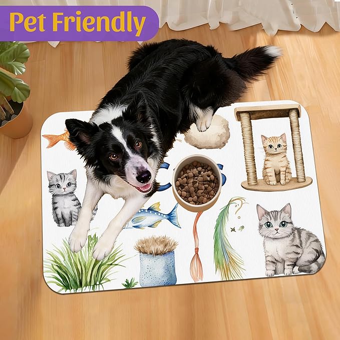 Cat Fun Pet Feeding Mat, Absorbent Bowl Pad for Dogs and Cats, Fast Dry, Non-Slip Back, Indoor Use – 16x24 Inch