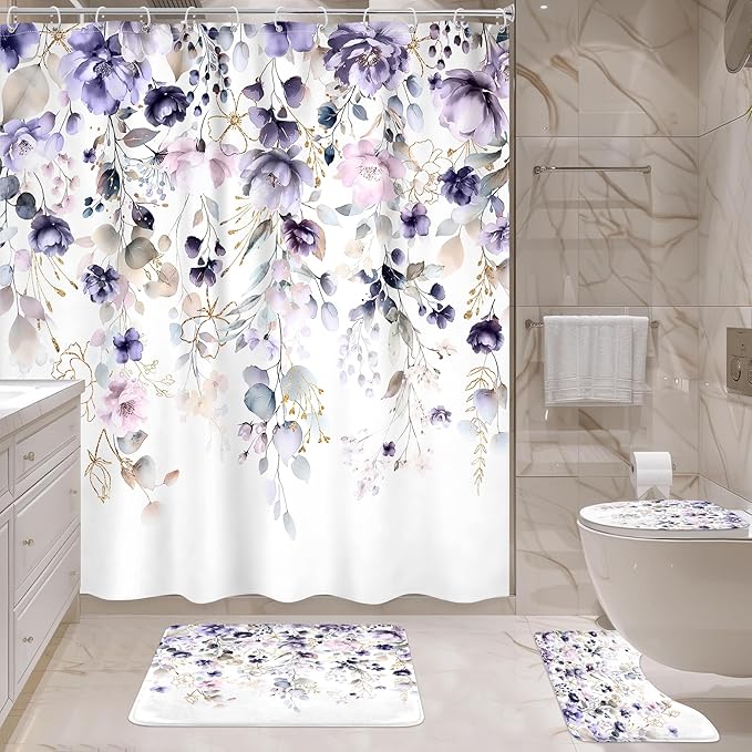 4 PCS Purple Floral Flower Shower Curtain Set 72Wx72H Inch Watercolor Pastel Complete Bathroom Set Non-Slip Bath Rug Toilet Lid Cover and U Shape Mat Accessories 12 Hooks Bathoom Decor