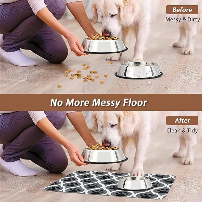 Gray Paw Print Geometric Dog Cat Food Mat,Absorbent Pet Feeding Mat for Food and Water,Non-Slip Dog Bowl Mats Floor Protector 12"x20"