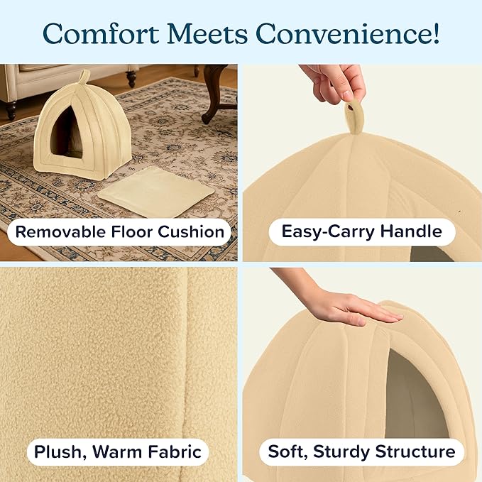 Cat House Indoor Cat Bed with Removable Foam Cushion, Plush Cat Tent Bed for Small Pets, Comfortable Cozy Hideaway for Cats, Kittens, Rabbits, Guinea Pigs, Ferrets, Hedgehogs, by PETMAKER