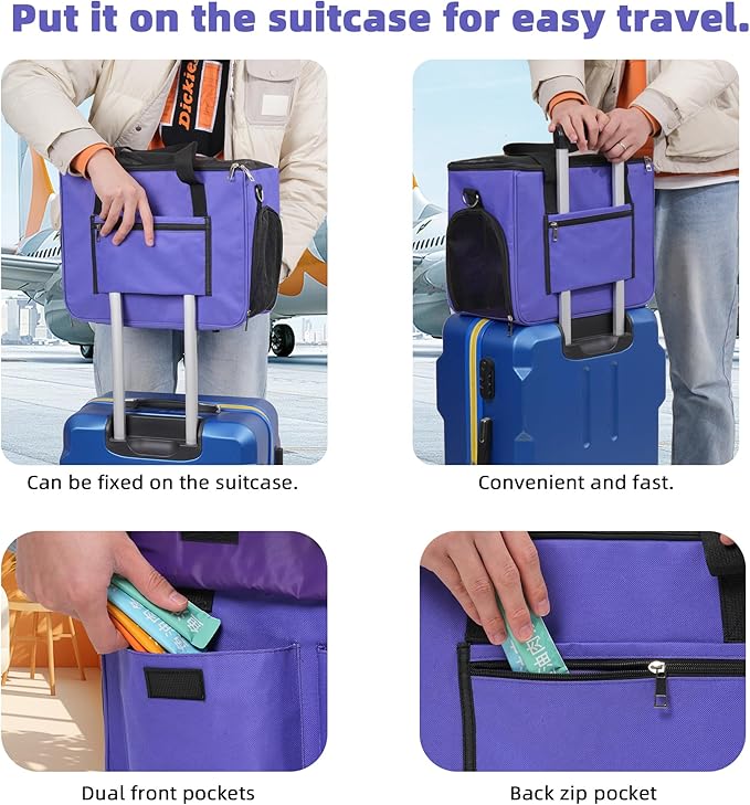 Cat & Dog Carrier for Pets Up to 15 Lbs, Airline Approved Soft-Sided Collapsible Pet Carrier for Cats & Dogs, Cat Carrier with Breathable Mesh, Padded Interior – Ideal for Car Rides, Daily Use(purple)