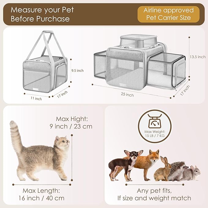 Top and 2 Sides Expandable Pet Carrier 17x11x9.5, TSA Airline Approved Small Dog Carriers for Small Dogs, Soft-Sided Cat Carrier with Self-Locking Zippers for Kitten,Rabbit, Puppy, Guinea Pig Grey