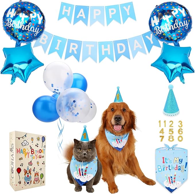 Dog & Cat Birthday Party Decorations Set Include Bandana, Adjustable Hat, Balloons, Happy Birthday Banner for Male and Female. Available for Small & Medium & Large Breeds (Blue)